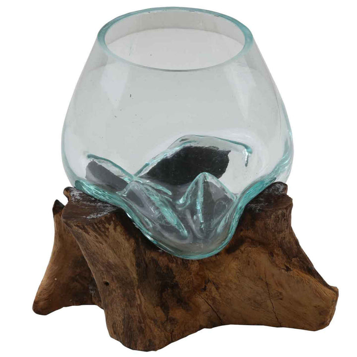 Glass vase on burl wood A15