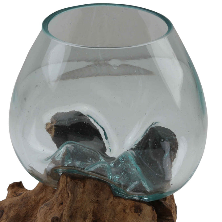 Glass vase on burl wood A18